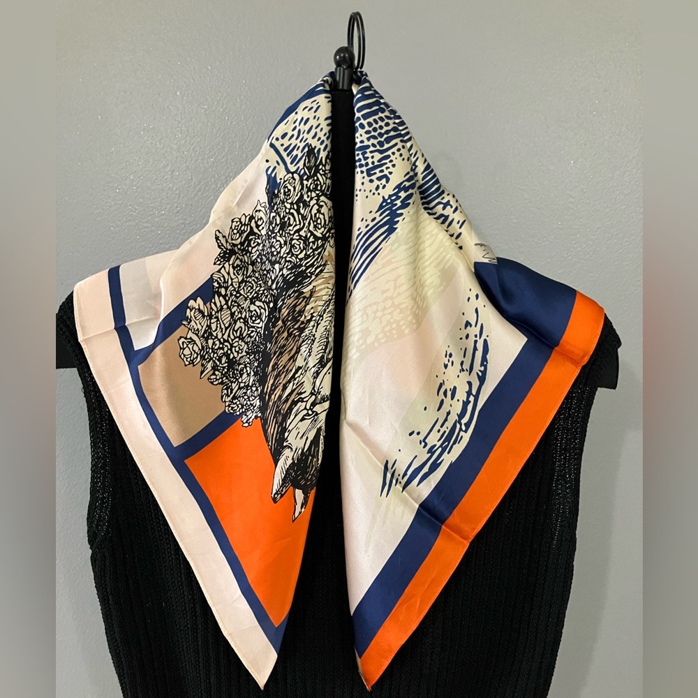 100% Silk Scarf Equestrian horses with print flaws - Picture 2 of 5